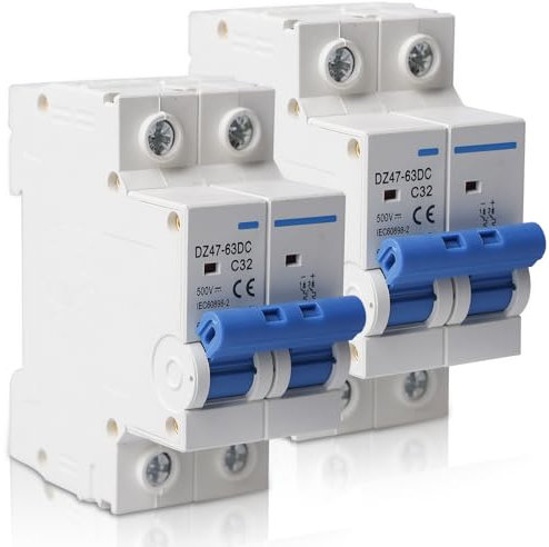 Vaileal 2 pièces DC Disjoncteur Disjoncteur : DC Disjoncteur DZ47-63DC-2P 1000V 32A pour systèmes photovoltaïques, Disjoncteur automatique, Disjoncteur d'air de protection, Disjoncteur PV, Montage sur