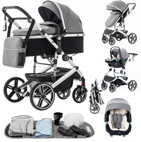 Zkiprm Passeggino 3 in 1, passeggino e seggiolino auto combinato, con manico regolabile in altezza, con zanzariera, carrozzina da viaggio con telaio in alluminio, per neonati da 0 a 4 anni, grigio