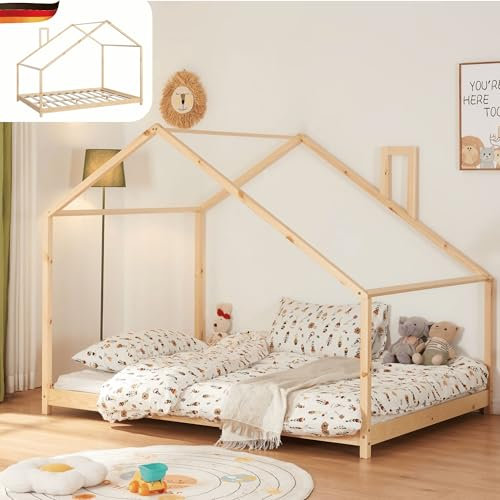 DELUKE® Kinderbett 140x200 LUKI - mit Lattenrost | Haus-Optik, Kiefernholz | Einzelbett aus Holz Hausbett Kinderzimmer Bodenbett Montessori Bett, Braun