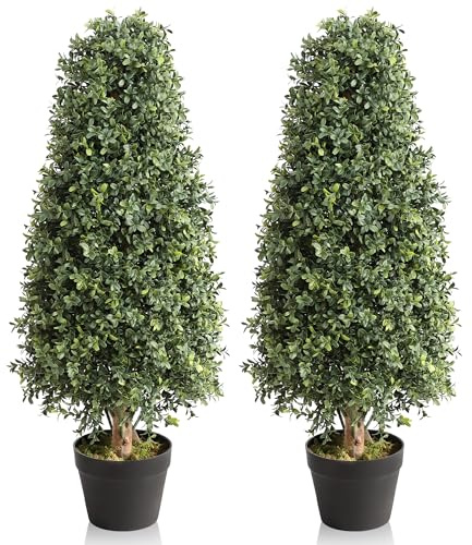 momoplant 90cm/3ft Set of 2 Artificial Boxwood Topiary Trees in Pot, Fake Plants Pyramid Cone Trees for Indoor Outdoor Home Office Garden Decor