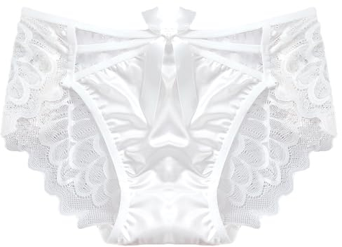 ZooChest Womens Lace Satin Panties Cute Underwear Knickers Briefs Bow Criss Cross Lace Back See Through Full Coverage Seamless Knickers for Women Ladies Sissy Clothing Hipster Panty M-XL