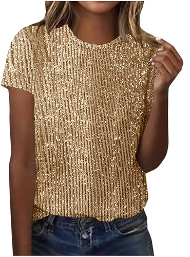 Womens Sequin Tops Sparkly Glitter Shiny Blouse Ladies Elegant Crew Neck Short Sleeve Loose Shirts Party Tank Top Festival Dress Tunic Tee Evening Night Going Out Prom Club Shimmer Christmas M Gold