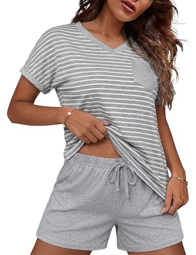 Jahetuul Pigiama Donna Estivo in Cotone Completo Pigiami Corto Donna a Righe Scollo a V e Pantaloncini con Tasche Casual da Casa Leggero Morbido S-3XL