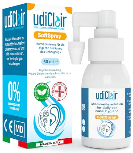 Spray Auriculaire Anti Cérumen 50ml - UdiClair SoftSpray Nettoyage des Oreilles Quotidien pour Bouchon de Cérumen Adulte Enfant Dissolution Rapide - Solution Isotonique à La Camomille Made in Italy