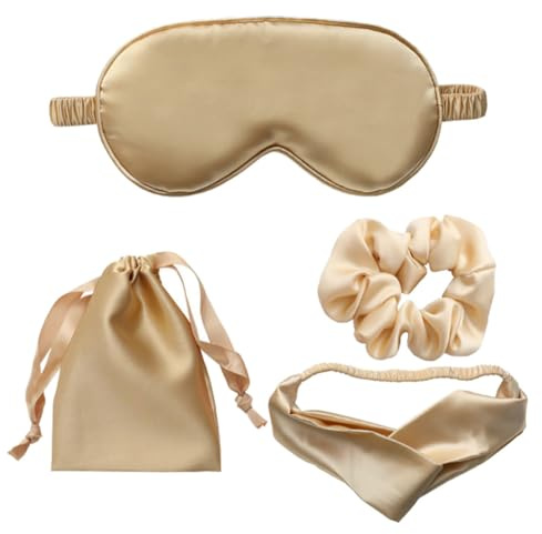 Operitacx Masque de Sommeil Bandeau et Élastique pour Soulager la Fatigue Oculaire Set de 4 Pièces en Soie Imitation Or et Favoriser un Sommeil Réparateur