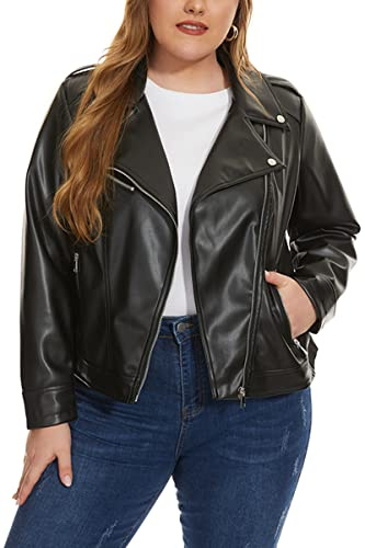 Fahsyee Women's Faux Leather Jackets, Plus Size Zip Up Motorcycle Short PU Moto Biker Outwear Fitted Slim Coat Black 2X