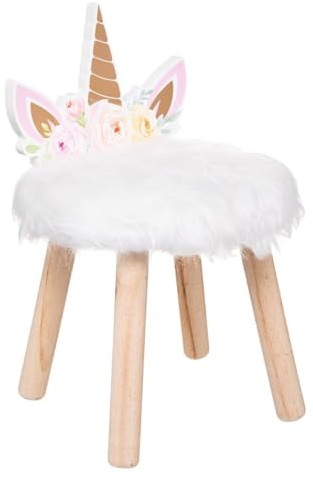 Tabouret pour Enfant Licorne en Bois et Fourrure Blanche H 40 cm - Atmosphera