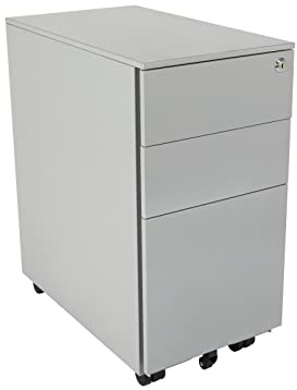 The Workplace Depot Lockable Mobile Pedestal – Under Desk Office Drawer Unit – 3-Drawer Filing Cabinet with Secure Storage, Anti-Tilt Design & Smooth-Glide Runners – Grey Alloy Steel (Grey, Narrow)