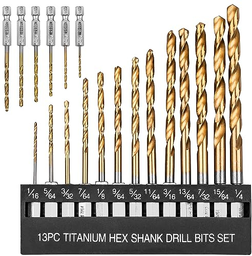 19 Pcs Hex Shank Drill Bit Set, 1/16-1/4, HSS Titanium Twist, Metal, Wood