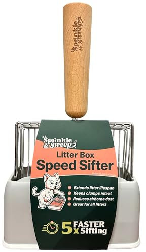 Katzenstreu Speed Sifter mit Basis, Premium Kitty Klumpenschaufel, Katzentoilettenreiniger, Schnelles Kitty Streusieb, bequemer Buchenholzgriff, waschbarer Bodenständer, robuste