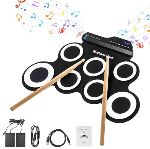 Elektronisches Schlagzeug, 7 Roll Up Drum Pad Akku mit BT Anschluss Kopfhörer USB MIDI Anschluss, integrierter Lautsprecher, Musik-Akku, Geschenk mit Batteriestäben / Pedalen für Anfänger,