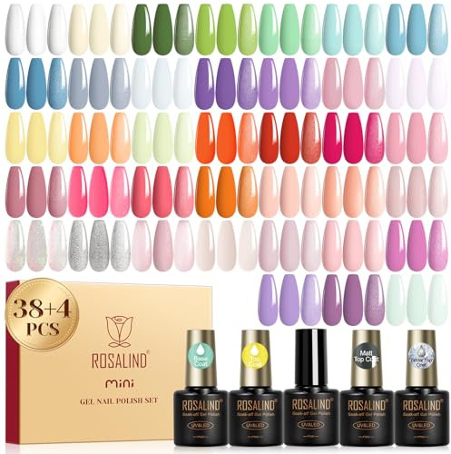 ROSALIND Esmaltes Semipermanentes Para Uñas, 42 Piezas Pastel Blanco Amarillo Verde Azul Violeta Colores Esmaltes Semipermanente, UV/LED Naranja Nude Pintauñas Semipermanentes Nail Art Regalo