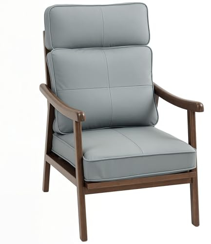 HOMCOM Fauteuil de Salon Fauteuil de Salon en PU avec Structure en Bois Coussins épais et rembourrés Dossier Haut Charge 150 kg Fauteuil de Lecture pour Salon Chambre à Coucher Gris et Bois de Noyer