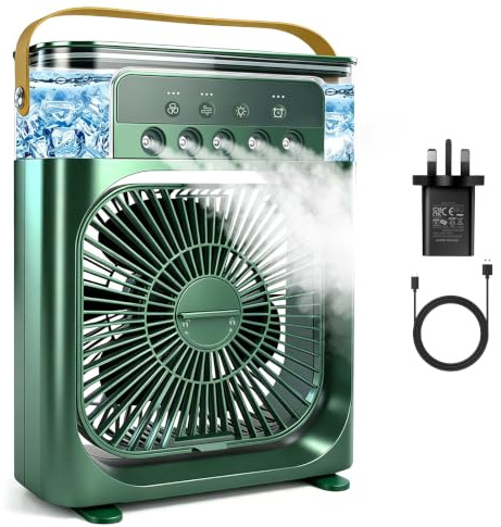 Portable Air Conditioner Fan, Mini Evaporative Air Cooler with 5 Spray Nozzles,3 Wind Speeds,3 Timers, 7 Colors LED Light,600ML Personal AC Unit Fan for Bedroom Office CampingïŒGreen)