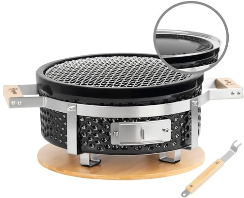 BBQ-Toro Keramik Holzkohletischgrill mit Holzunterlage | Ø 29,5 cm | Outdoor Hibachi Grill für Camping, Koreanischer Grill, Keramik Tischgrill, BBQ Grill, Japanischer Grill, Keramikgrill Rund