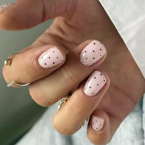 False Nails with Glue - Polka Dot Press on Nails Short Square - 24PCS Soft Gel French Tip False Nails - Elegant Pink Polka Dot Nails Press Ons - Reusable Stick on Nails for Women in 12 Sizes