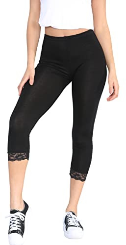 STAR FASHION Womens Ladies ¾ Cropped Capri Lace Trim Leggings Stretchy Soft Tights Yoga Pants Elasticated Waist Shorts for Jogging UK 8-26