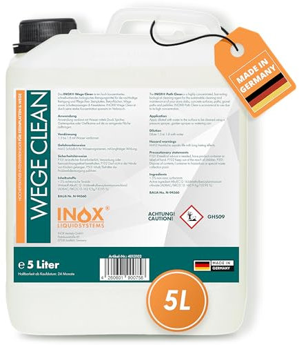 INOX® - Effektives Wege Clean Konzentrat 5L | Steinreiniger intensiv außen | Grünbelagentferner Konzentrat, Algen-, Flechten- und Moosentferner | Reinigt Stein, Beton, Fliesen & Fassaden