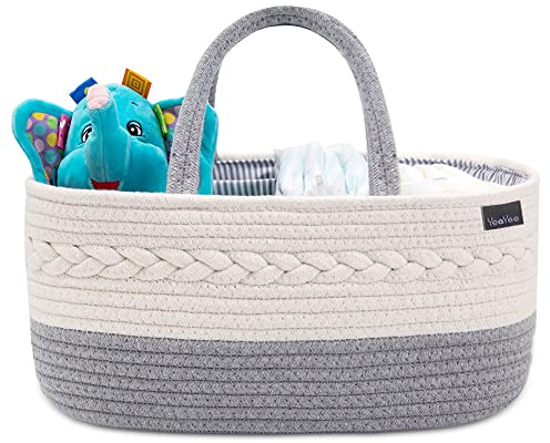 YeaYee Organizador de pañales para bebés, canasta de almacenamiento de guardería con compartimentos intercambiables, cuerda de algodón 100%, bolsa portátil para cambiar pañales,…