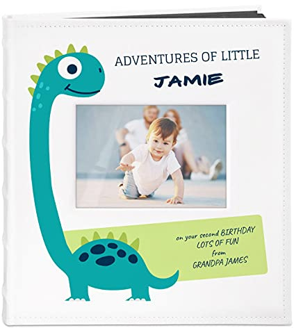 Maverton Photo Album for kids - White cover with a stylish print - 60 black pages to fill in - Up to 240 images - Personalized gift for boys and girls - dino