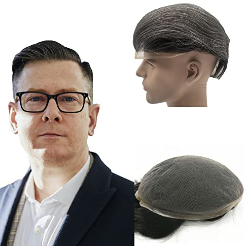 NLW Human Grey Toupee Human Full Lace Gray Hair Toupee for Men Swiss Lace Hair prosthesis hair replacement system Gents hair piece Straight hair piece for man Base 8 * 10’’(#1B20 Gray)