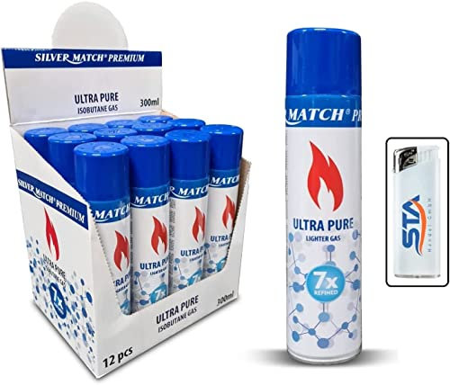 12 x 300ml Premium Feuerzeuggas Nachfüllgas Feuerzeug ISO Butangas + 1 gratis Feuerzeug (12 x Premium Gas)
