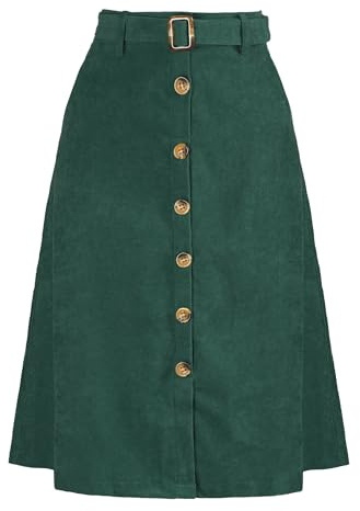 Allegra K Womens St. Patrick's Day High Waist Button Front A-Line Belted Corduroy Midi Skirt Medium Dark Green