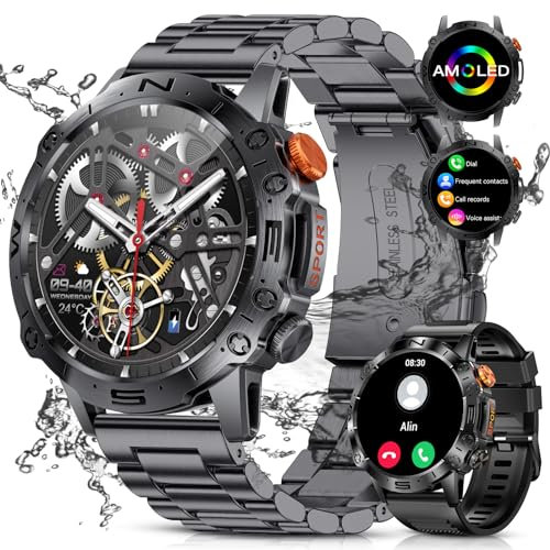 ESFOE Smartwatch Herren mit Telefonfunktion,1.43'' AMOLED Touchscreen Fitnessuhr mit Schrittzähler/Blutdruckmessung,126+Sportmodi IP68 Wasserdicht Outdoor Smartwatch Militär für Android iOS