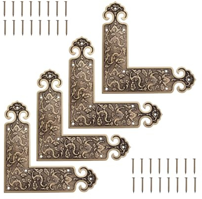 SG Store 4pcs Decorative Corner Connectors Fittings Angle Brackets with 32 Screws Antique Vintage Brass Design Brackets Protection Connection 89x89mm