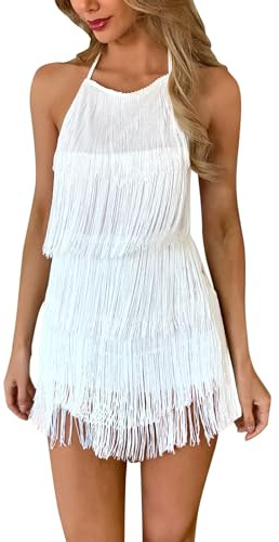 Short Prom Dresses for Teens Fringe Dress Bachelorette Dress HOCO Dress Sexy Backless Fringe Dress Womens Club Tassel Tiered Bodysuit Romper 1920s Great Gatsby Outfits White Halter Jumpsuit Dress XS