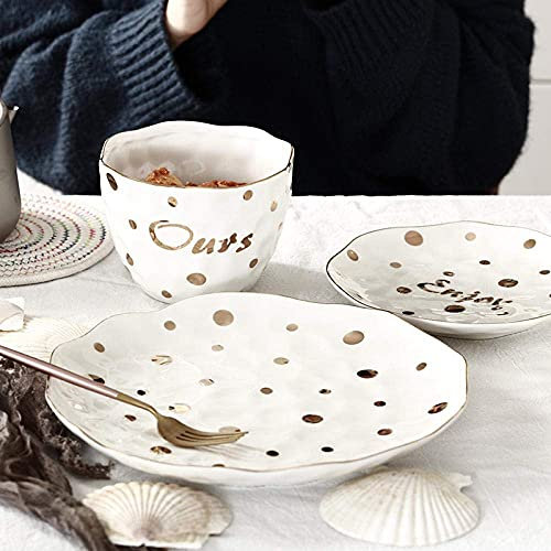 ABNNHK Platos De Cena Elegantes, Juego Combinado De Servicio De Vajilla De Porcelana De 12 Piezas, Vajilla De Cerámica De Lunares Dorados Plato De Cena Grande Plato De Carne Tazón De Sopa