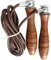 EVO Fitness Leather Adult Indoor Gym Skipping Jump Speed Rope Wooden Handle Home Exercise Fat Burn Training Workout Boxing MMA (Brown Adjustable)