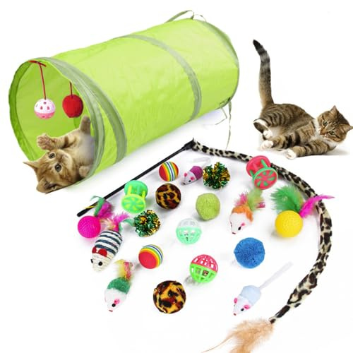 Petnice 21Pcs Cat Toys Kitten Toys Collapsible Tunnel Interactive Feather Wand Ball Toy for Indoor Cats