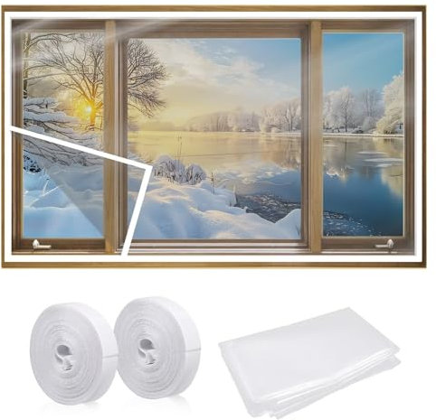 Window Insulation Kit-Includes Self Adhesive Fixing Tape W100 x H110cm Winter Reusable Window Plastic for Winterizing Thicken Thermal Waterproof Attic Insulation Cover Warm Winter,White