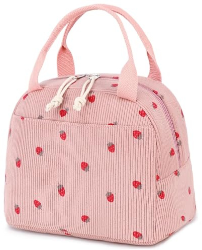MOWUVAI Insulated Lunch Bag for Kids & Women - Cute Strawberry White Design, Large Capacity Cooler Lunch Box Perfect for Work, School, Picnics & BBQ (Pink)