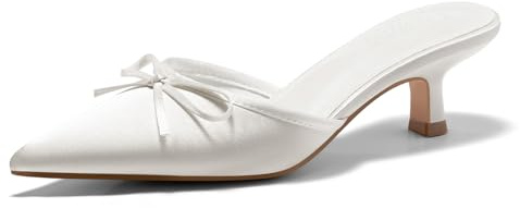 Coutgo Womens Kitten Heels Mules with Bow Satin Slip on Pumps Closed Pointed Toe Dress Wedding Party Shoes, White, Size 8.5