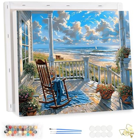 MEIYUDA Pintar por Numeros Adultos con Marco Paisaje, DIY Playa Pintura por Numeros Kit Manualidades Adultos, Cuadros por Numeros Pigmento Acrílico, Decoración para el Hogar Regalo de pared 40x30cm