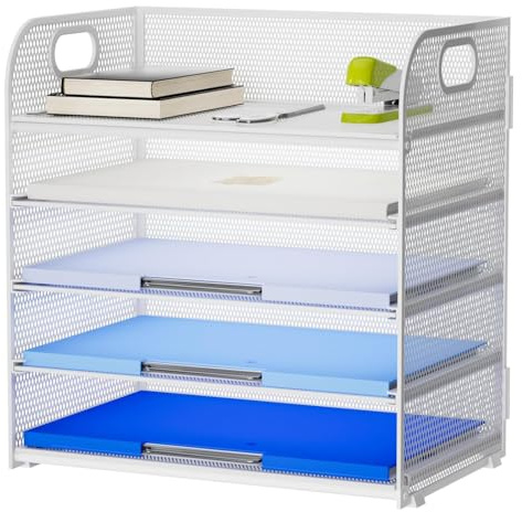 Marbrasse Organizer da Scrivania,5-Livelli Vassoio Porta Documenti per Lettere in Rete con Maniglia,Organizzatore Scrivania,Supporto Rack Archiviazione per Ufficio,Casa Scuola(Bianco)