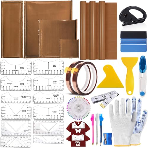 QUKLOGEN Heat Press Pillow Bundle Tools Kit Include 4 Heat Pressing Transfer Pillow Mat 3 Pack Teflon Sheet for Heat Press 2 Rolls Heat Resistant Tape 12 Different Size T Shirt Guide Ruler