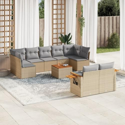 Qnhdfrt Set di 10 pezzi beige PE rattan con cuscino portaoggetti e tavolo pieghevole per terrazza, giardino, balcone