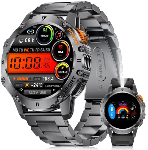 LIGE Smartwatch Herren mit Bluetooth-Anrufe, 1.43″ HD AMOLED Smart Watch mit 500mAh, 110+ Sportmodi Fitness Tracker IP68 Wasserdicht Sportuhr, LED Taschenlampe, Android iOS Herren Uhr Militär