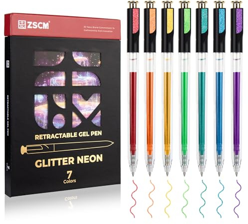 Retractable Glitter Neon Pens, 7 Colors Large Capacity UV Reactive Sparkle Gel Ink Pens for Adult Colouring, 1.0 mm Fine Point Smooth Writing Color Pen for UV Art Note Taking Aesthetic Art Supplies