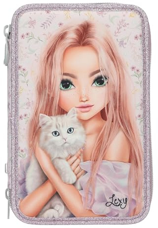 Depesche 13958 TOPModel Blooming Kitty - Filled 3-Compartment Pencil Case in Pink with Model Motif, Flower Pattern and Cat, Pencil Case with Colouring Pencils, Scissors, Ruler and Much More