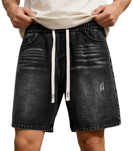Generisch Pantalones cortos casuales de verano con pierna recta, corte holgado, vaquero retro, pantalones largos hasta la rodilla con cordón, cómodos y transpirables.