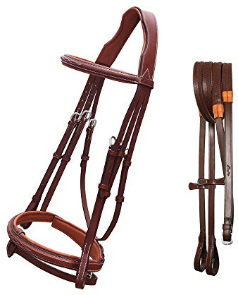 ExionPro Exion Anatomical Snaffle Jumping Bridle for Horses with Removable Flash Noseband & Rubber Reins – Premium Vegetable-Tanned Leather, SS Buckles, Padded MonoCrown, Designer Stitching