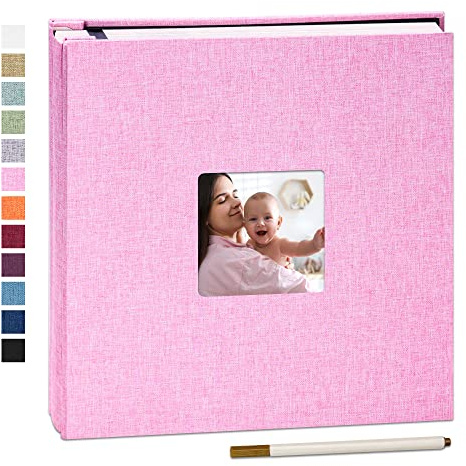 Yopih Self Adhesive Photo Album with Window, 40 Pages, 28x27cm, Pink | Linen Cover, Photo Scrapbook, Metallic Pen, Photos 10X15 13X18 15X20 20X25 Cm, Wedding Baby Family