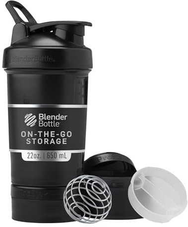 BlenderBottle Shaker Bottle with Pill Organizer and Storage for Protein Powder, Classic V2 ProStak System, 22-Ounce, Midnight Black