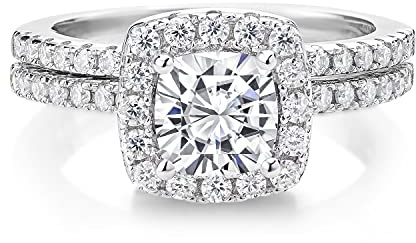Gem Stone King Wedding Engagement Ring Band Bridal Set For Women | 925 Sterling Silver | Cushion Cut 6MM Gemstone Birthstone | With Round 1.3MM Accents | Elegant Halo Design | Sizes 5-9