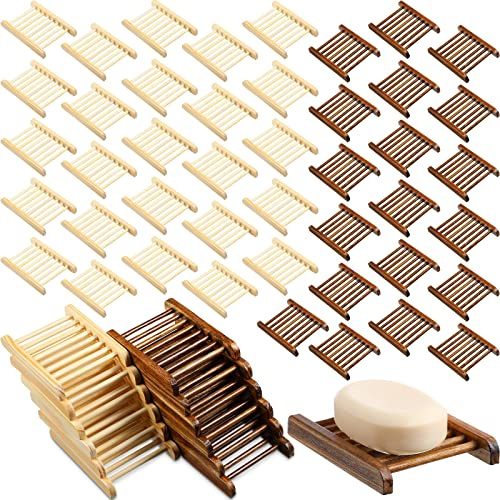 Sawysine 50 Pcs Home Bamboo Wood Soap Holder Bulk Bathroom Wooden Soap Dish Tray Saver 4.72 x 3.35 x 0.7 Inch Hand Craft Bathtub Self Draining Dish for Bar Kitchen(Charcoal and Wood Color)