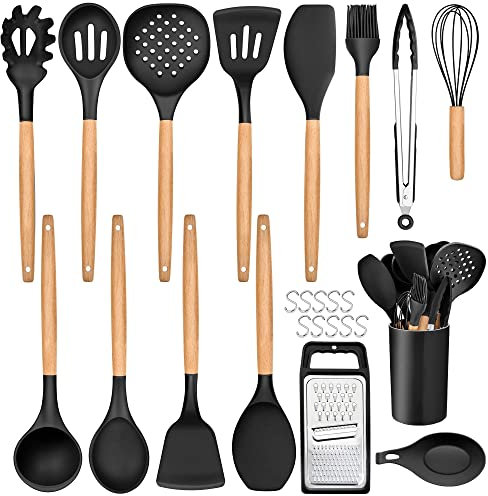 Joyfair Kitchen Utensils Set, 25 PCS Silicone Cooking Utensil Set with Wooden Handle, Heat Resistant Kitchen Tools & Gadgets for Cooking Baking, Safe for Non Stick Pans, Black